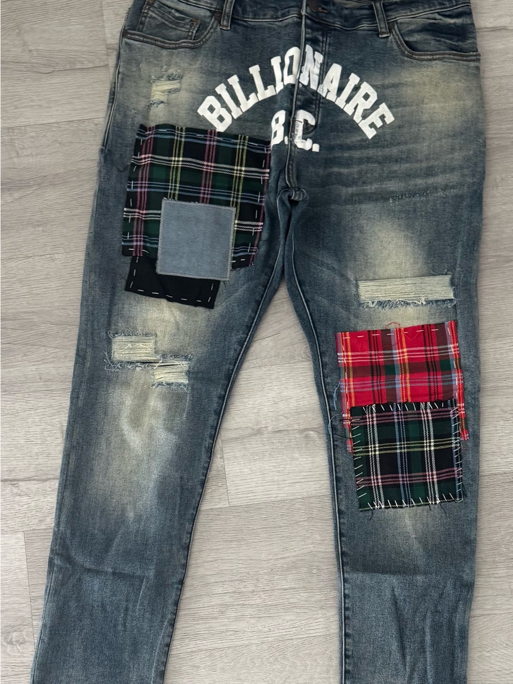 Billionaire Boys Club Men’s Faded Blue Jeans with Red & Green Tartan Patches